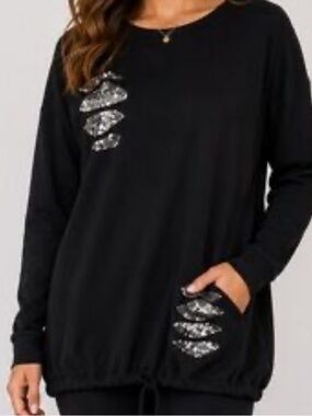 Bella Anore Italy Women’s Black Distressed  Sequin Top Size Xl
